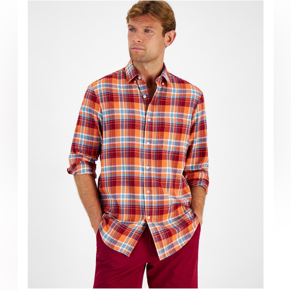 NWT!  XXL Club Room Red, Orange & Blue Flannel Button Down Shirt